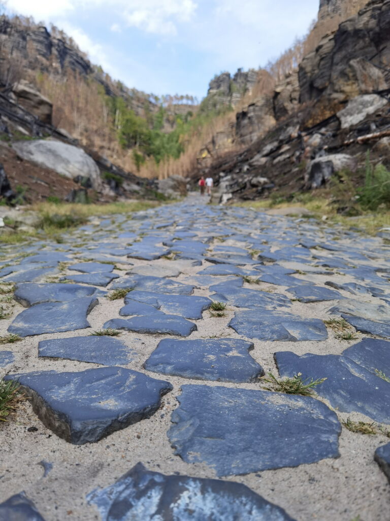 Richtung Prebischtor wandern: Der Zustieg von der Straße erfolgt auf einem gepflasterten Wanderweg